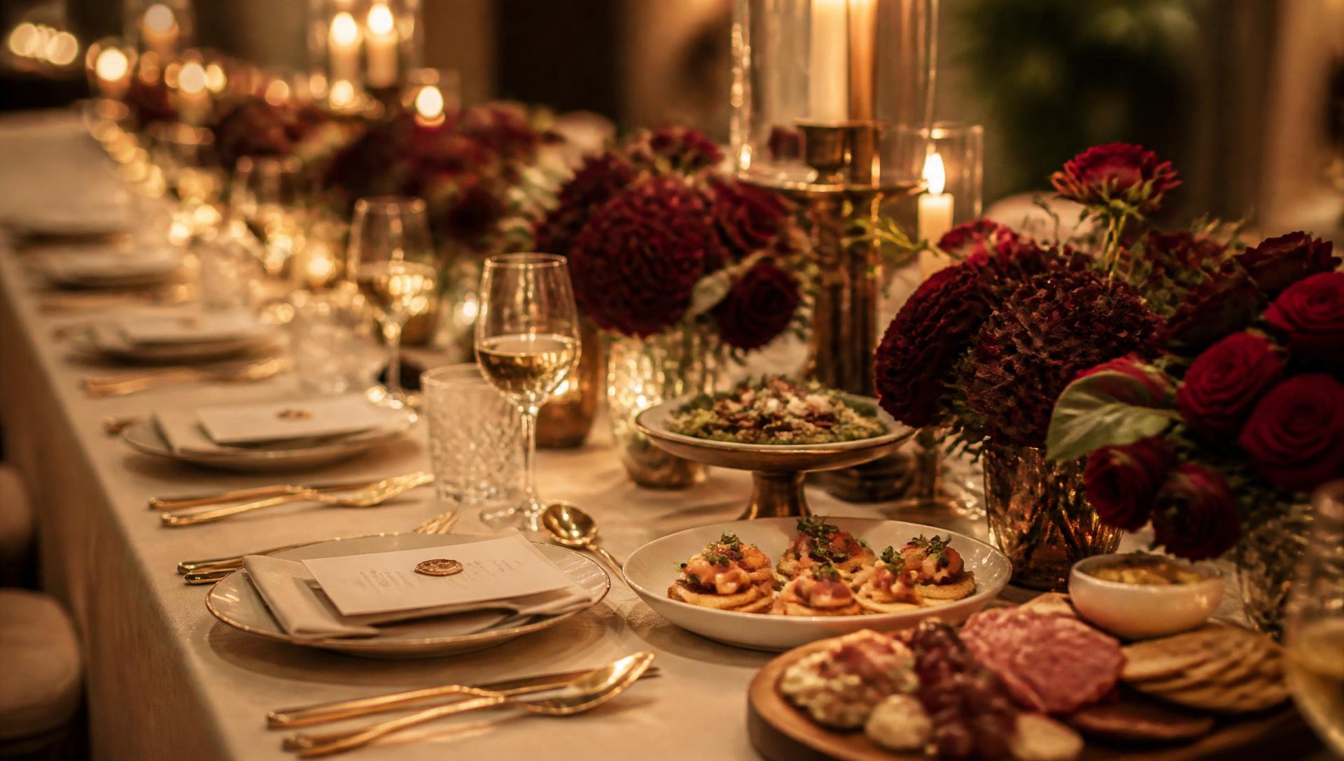Styled banquet table with gold cutlery, candlelight and sharing platters at an Alicedda catering event